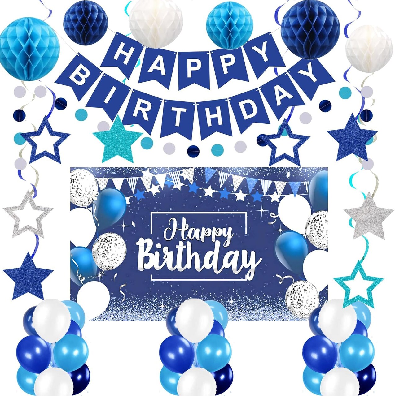 Blue Happy Birthday Party Decorations – 41-Piece Set with Banner, Backdrop, Balloons, Garland, Honeycomb Balls & Hanging Swirls (Blue)